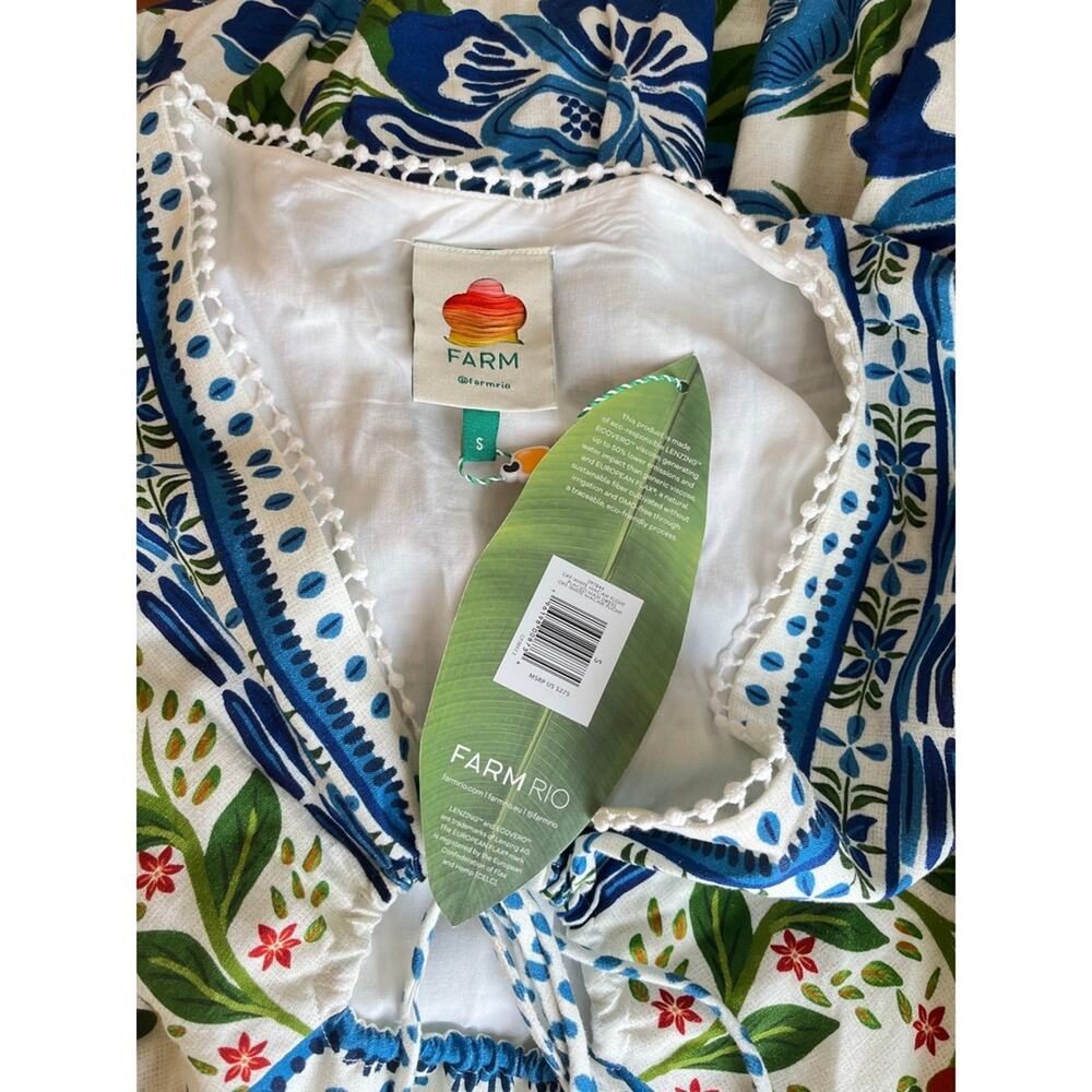 Farm Rio Maxi Dress White Blue Green Floral Bird Print V Neck Tie Waist - Picture 5 of 5